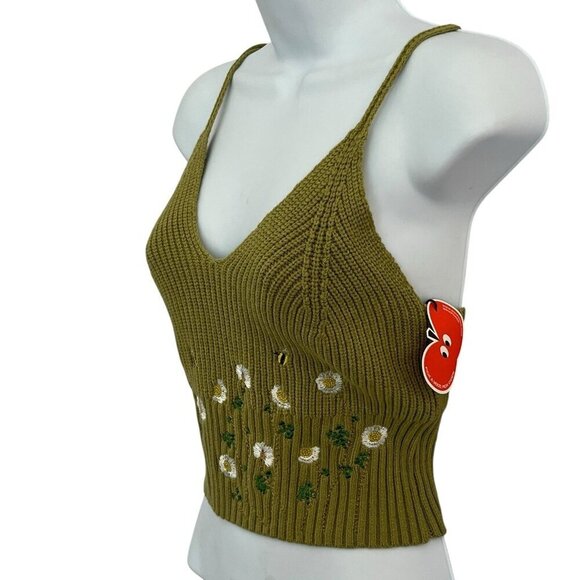 Cider XL Knit Floral Crop Tank Top Olive Green Bees Flower Garden Cottagecore - Picture 2 of 11